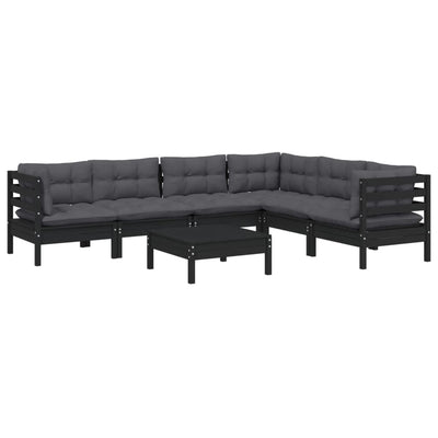 7 Piece Garden Lounge Set with Cushions Black Solid Pinewood