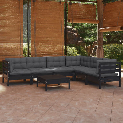 7 Piece Garden Lounge Set with Cushions Black Solid Pinewood