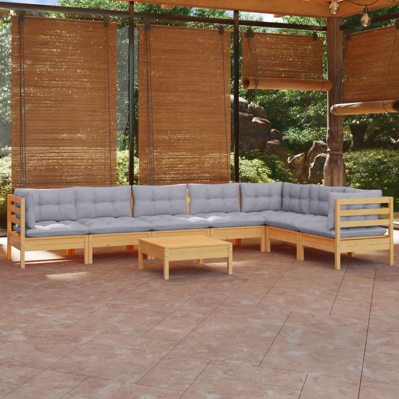 8 Piece Garden Lounge Set with Grey Cushions Solid Pinewood