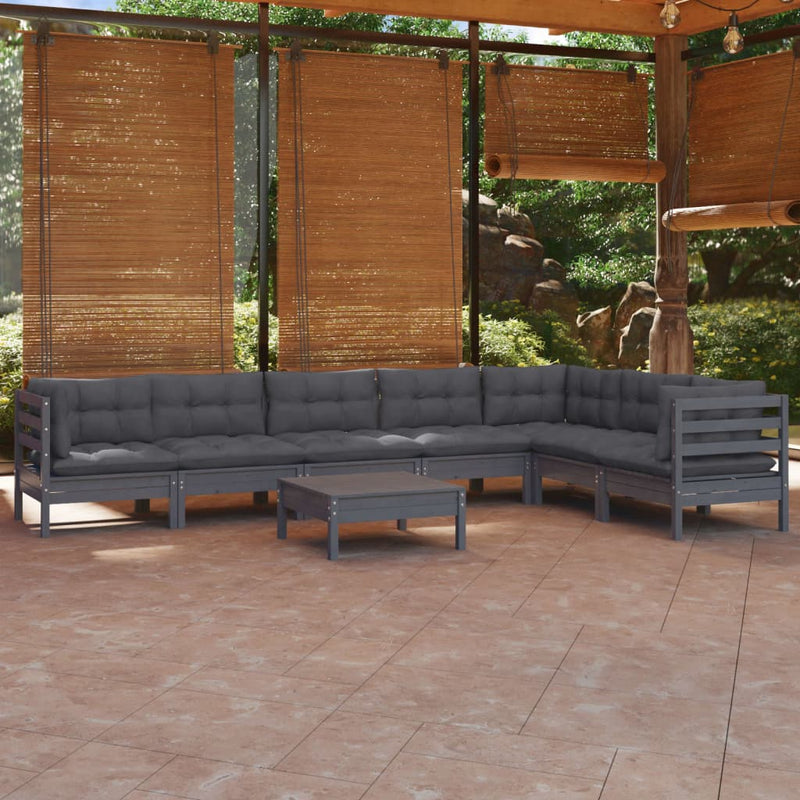 8 Piece Garden Lounge Set with Cushions Grey Solid Pinewood