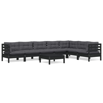 8 Piece Garden Lounge Set with Cushions Black Solid Pinewood