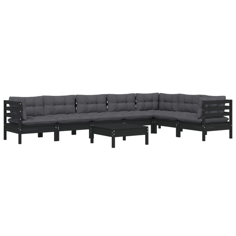 8 Piece Garden Lounge Set with Cushions Black Solid Pinewood