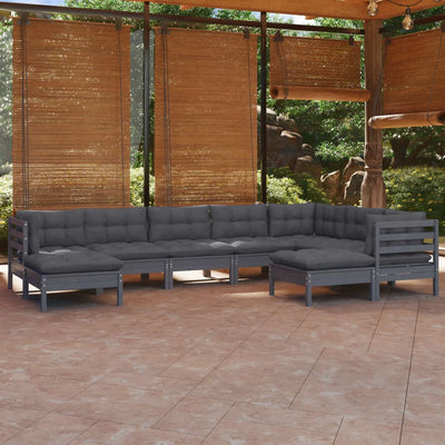 9 Piece Garden Lounge Set with Cushions Grey Solid Pinewood