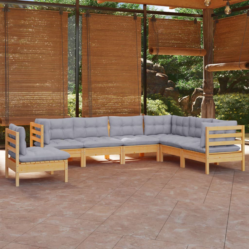 7 Piece Garden Lounge Set with Grey Cushions Solid Pinewood