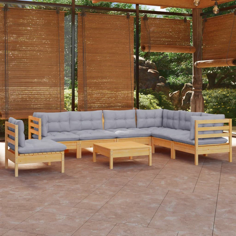 8 Piece Garden Lounge Set with Grey Cushions Solid Pinewood