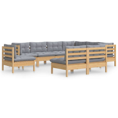 9 Piece Garden Lounge Set with Grey Cushions Solid Pinewood