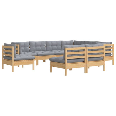 9 Piece Garden Lounge Set with Grey Cushions Solid Pinewood