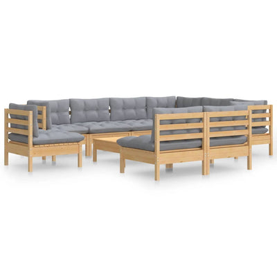 10 Piece Garden Lounge Set with Grey Cushions Solid Pinewood