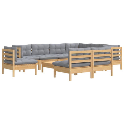 10 Piece Garden Lounge Set with Grey Cushions Solid Pinewood