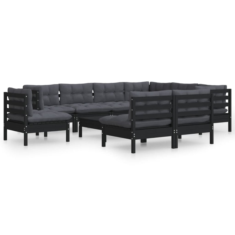 10 Piece Garden Lounge Set with Cushions Black Solid Pinewood