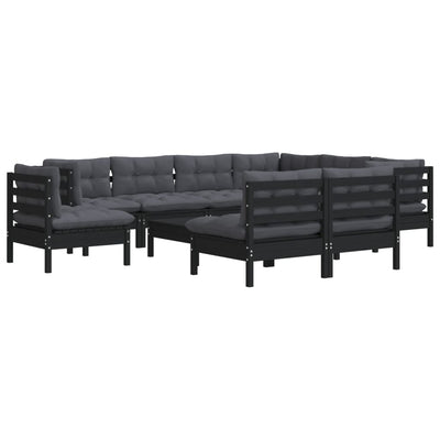 10 Piece Garden Lounge Set with Cushions Black Solid Pinewood