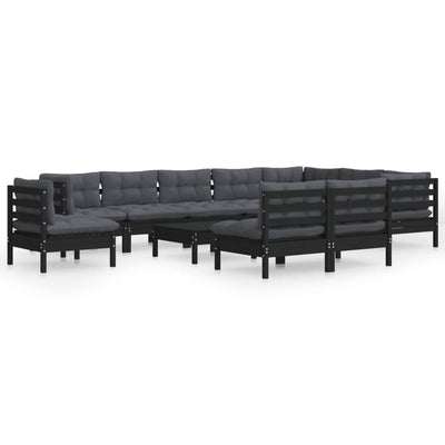 11 Piece Garden Lounge Set with Cushions Black Solid Pinewood