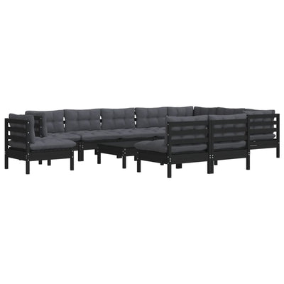 11 Piece Garden Lounge Set with Cushions Black Solid Pinewood