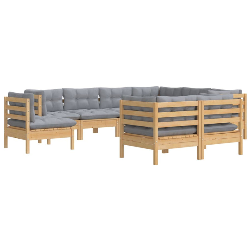 9 Piece Garden Lounge Set with Grey Cushions Solid Pinewood