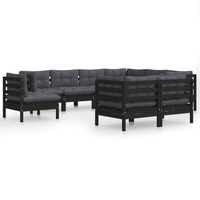 9 Piece Garden Lounge Set with Cushions Black Solid Pinewood