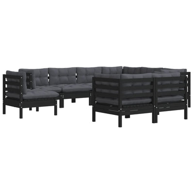 9 Piece Garden Lounge Set with Cushions Black Solid Pinewood