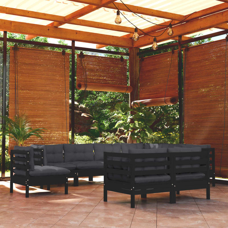 9 Piece Garden Lounge Set with Cushions Black Solid Pinewood