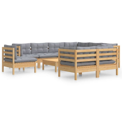 10 Piece Garden Lounge Set with Grey Cushions Solid Pinewood