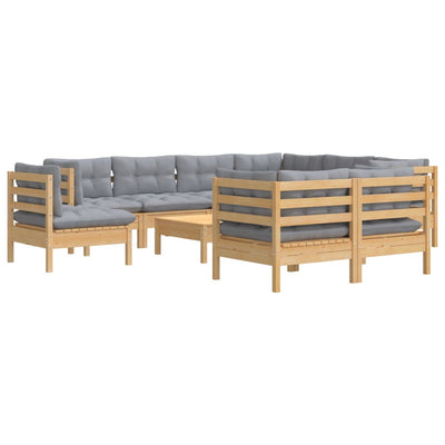 10 Piece Garden Lounge Set with Grey Cushions Solid Pinewood