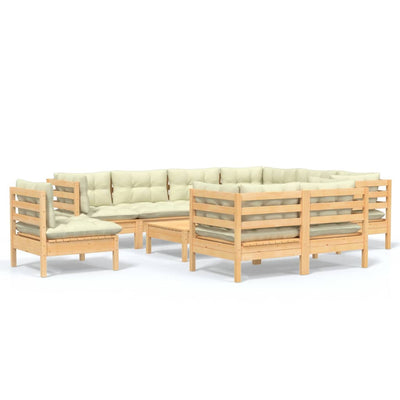 10 Piece Garden Lounge Set with Cream Cushions Solid Pinewood