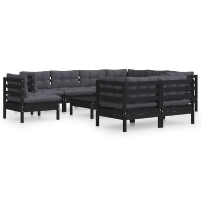 10 Piece Garden Lounge Set with Cushions Black Solid Pinewood