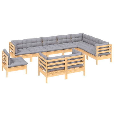 10 Piece Garden Lounge Set with Grey Cushions Solid Pinewood