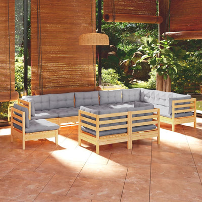 10 Piece Garden Lounge Set with Grey Cushions Solid Pinewood