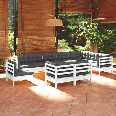 10 Piece Garden Lounge Set with Cushions White Solid Pinewood