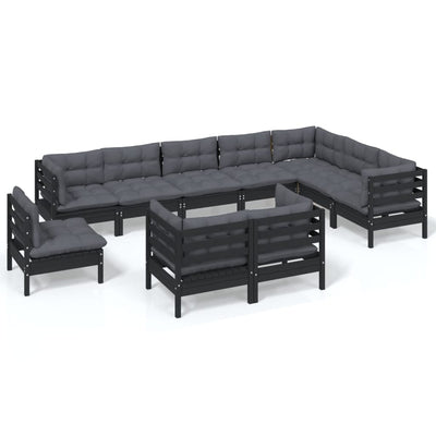 10 Piece Garden Lounge Set with Cushions Black Solid Pinewood