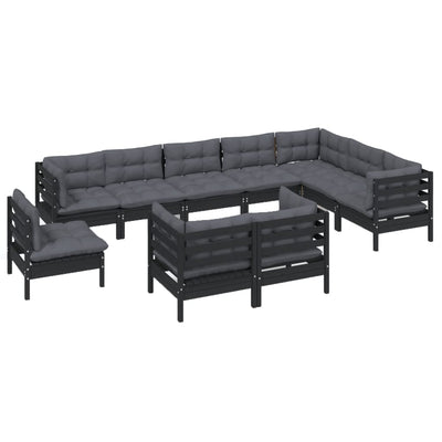 10 Piece Garden Lounge Set with Cushions Black Solid Pinewood