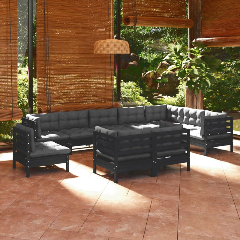 10 Piece Garden Lounge Set with Cushions Black Solid Pinewood