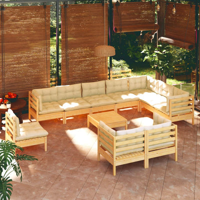 11 Piece Garden Lounge Set with Cream Cushions Solid Pinewood