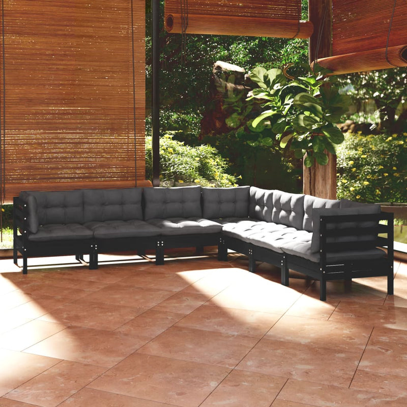 7 Piece Garden Lounge Set with Cushions Black Solid Pinewood