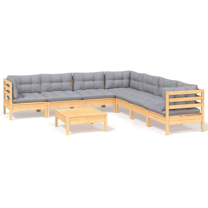 8 Piece Garden Lounge Set with Grey Cushions Solid Pinewood