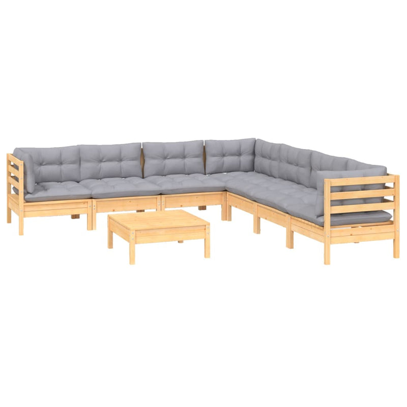 8 Piece Garden Lounge Set with Grey Cushions Solid Pinewood