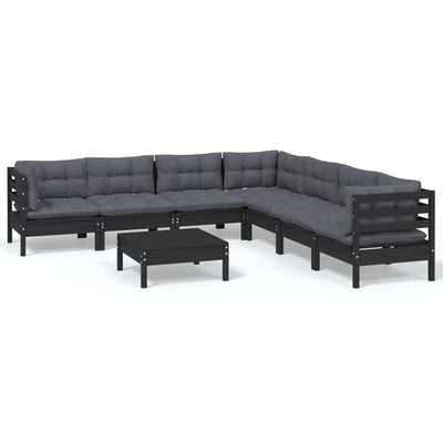 8 Piece Garden Lounge Set with Cushions Black Solid Pinewood