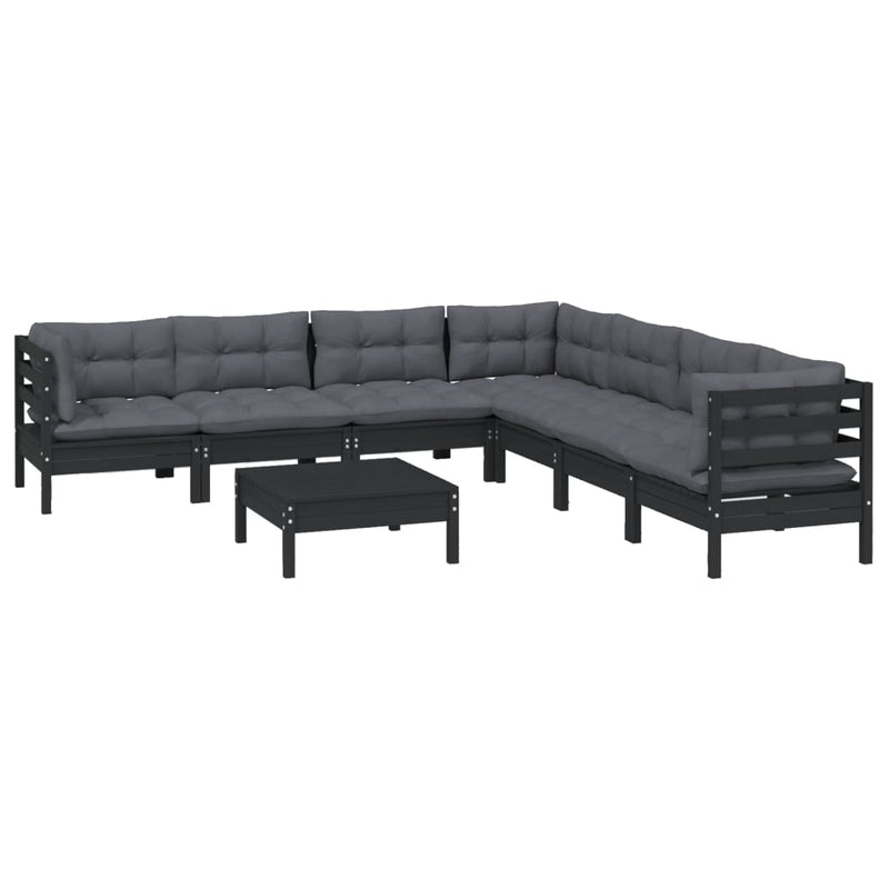 8 Piece Garden Lounge Set with Cushions Black Solid Pinewood