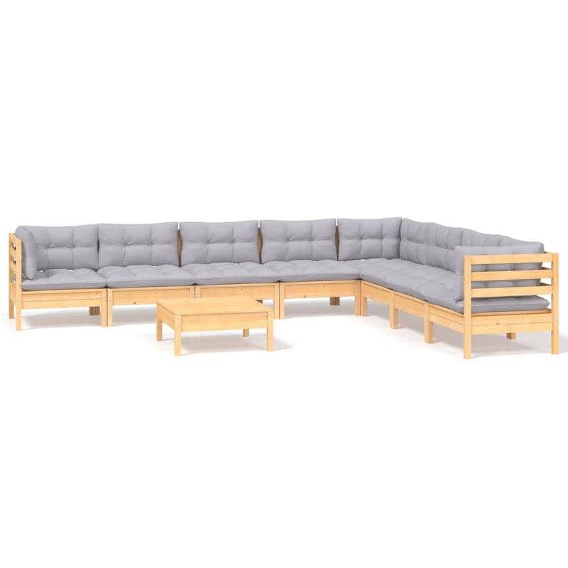 9 Piece Garden Lounge Set with Grey Cushions Solid Pinewood