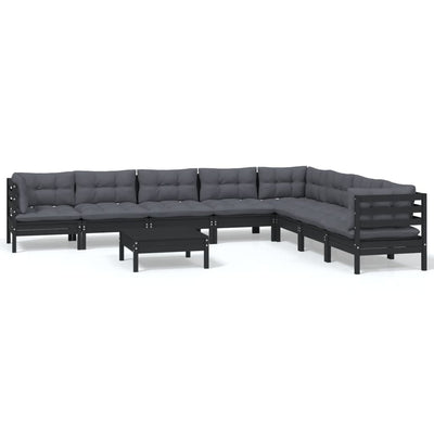 9 Piece Garden Lounge Set with Cushions Black Solid Pinewood