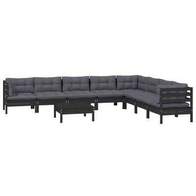 9 Piece Garden Lounge Set with Cushions Black Solid Pinewood