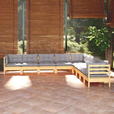 9 Piece Garden Lounge Set with Grey Cushions Solid Pinewood