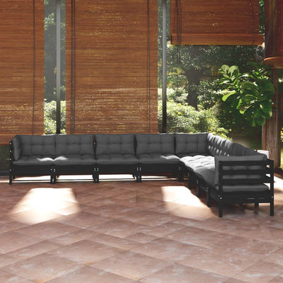 9 Piece Garden Lounge Set with Cushions Black Solid Pinewood