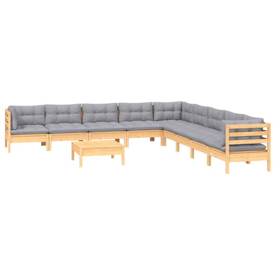 10 Piece Garden Lounge Set with Grey Cushions Solid Pinewood