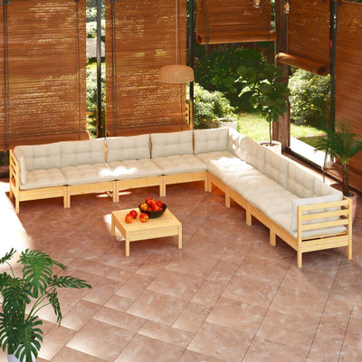 10 Piece Garden Lounge Set with Cream Cushions Solid Pinewood