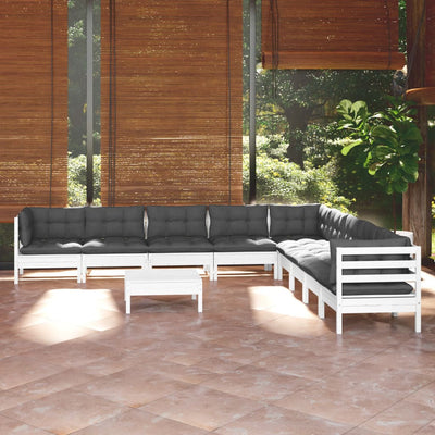 10 Piece Garden Lounge Set with Cushions White Solid Pinewood