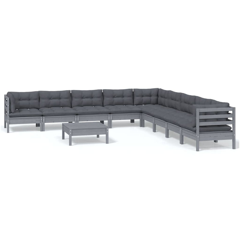 10 Piece Garden Lounge Set with Cushions Grey Solid Pinewood