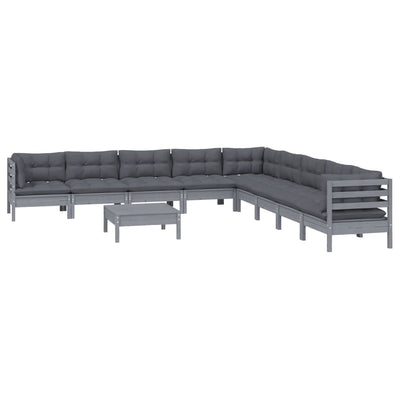 10 Piece Garden Lounge Set with Cushions Grey Solid Pinewood