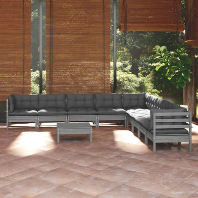 10 Piece Garden Lounge Set with Cushions Grey Solid Pinewood