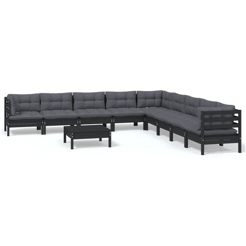 10 Piece Garden Lounge Set with Cushions Black Solid Pinewood