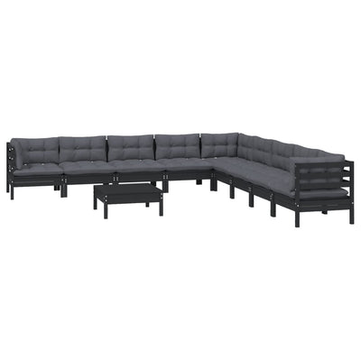 10 Piece Garden Lounge Set with Cushions Black Solid Pinewood